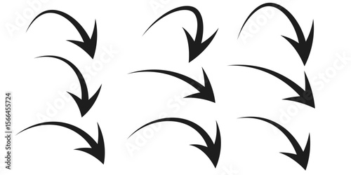 Illustration set of downward pointing curved arrows (monochrome),eps10