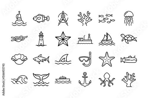 Marine Life and Nautical Elements Line Icon Set. Fish, Sharks, Turtles, Jellyfish, Coral, Boats, Lighthouses, Anchors, and More. Vector Illustration. Editable Stroke.