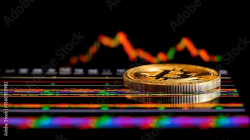 Single golden Bitcoin coin with iconic symbol and engravings on reflective surface, colorful blurred digital background, wavy line graph representing market trends, high-tech finance concept.