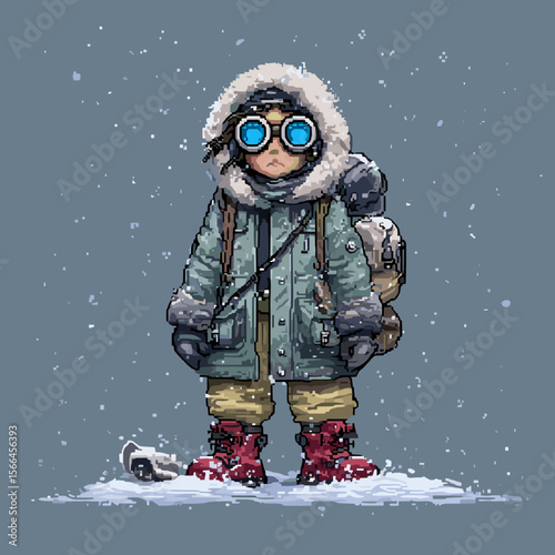 Arctic character in pixel art style.