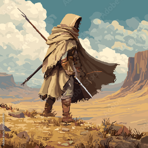 Retro desert hero with flowing cloak