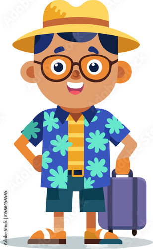 The Cheerful Explorer: A charming illustration portrays a vibrant traveler ready to embrace adventure, featuring a jaunty hat, stylish glasses, and a trusty suitcase.