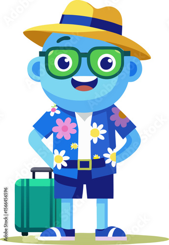 Cartoon Tourist Illustration: A vibrant cartoon illustration of a cheerful tourist, ready for an adventure. This image depicts a happy traveler with sunglasses, a hat, and a suitcase.