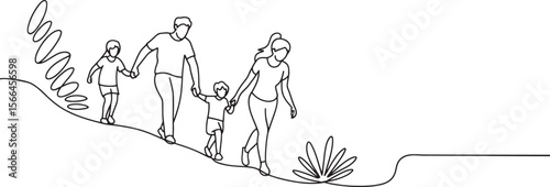 Family of Four in Continuous Line Art Style Walking Down a Hill Together Enjoying Nature