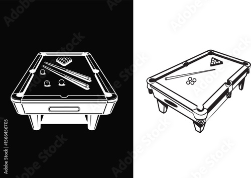 Billiard table with balls cues and rack in black and white