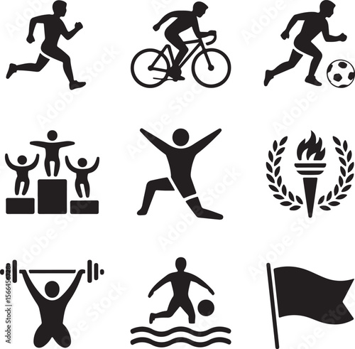 Collection of black sport icons representing different athletic activities and achievements