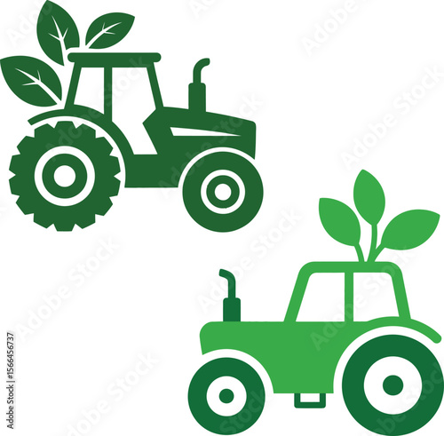 Green tractors with leaves symbolize eco friendly agriculture and sustainable farming practices