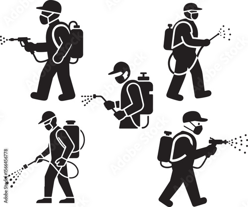 Set of icons depicting a person spraying with a backpack sprayer
