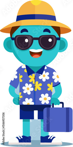Stylish Tourist Ready to Explore: A stylish tourist, adorned in a vibrant hat and sunglasses, clutches a sleek travel case, exuding a spirit of adventure and wanderlust. This artwork.
