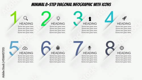 8-Option Diagonal Process Infographic with Numbered Steps and Icons. Minimal 8-Step Diagonal Infographic with Icons. Fully editable modern infographic vector elements SVG file compatible with PPT.