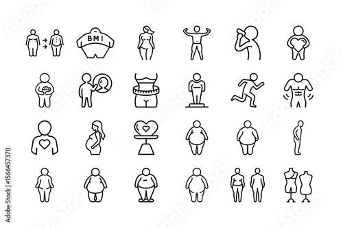 People Body Types and Weight Categories Line Icon Set. BMI, Fitness, Health, Weight Loss, Pregnancy, Obesity, and More. Vector Illustration. Editable Stroke.