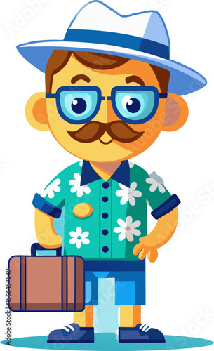 The Traveler: A cartoon illustration depicts a cheerful traveler ready for adventure, complete with hat, glasses, suitcase, and a tropical shirt, full of wanderlust spirit.