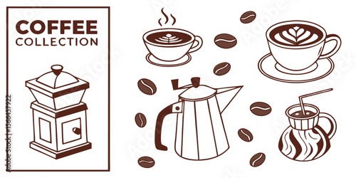 Coffee Collection Vector PNG – Coffee Cup, Beans, Mug, Latte Art
