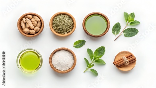Natural Spa Ingredients Flat Lay  Ginger Root, Mint Leaves, Sea Salt, and Essential Oils
