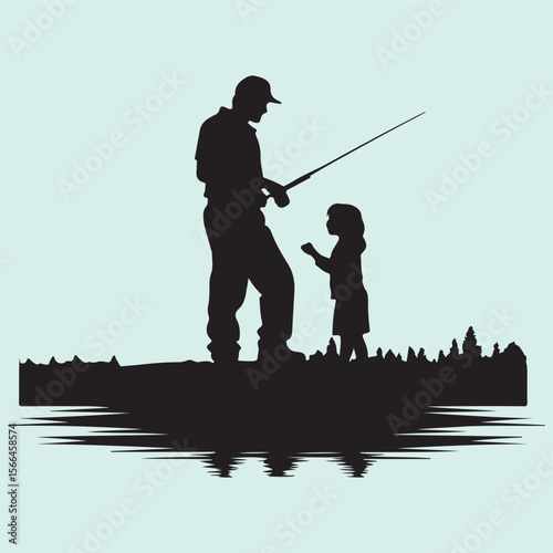 Fishing Time Silhouette Icon Dad and Kid Bond Nature Scene