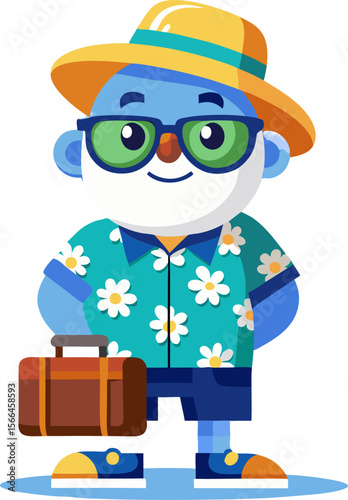 Cartoon Tourist with Suitcase: An adorable blue-skinned cartoon tourist with a hat, glasses and suitcase is ready for a vacation in a tropical shirt.