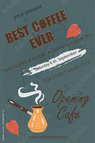 Retro style poster with lettering for coffee shop. Vector image of brewed coffee with steam in a coffee pot
