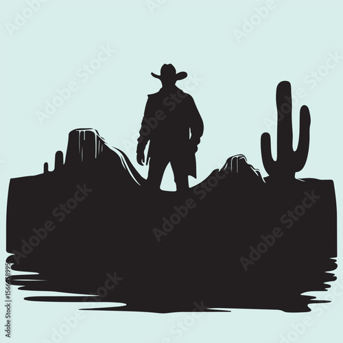 Cactus and Cowboy Silhouette in Desert Western Adventure Scene