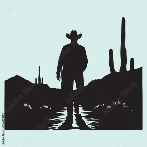 Lone Cowboy and Desert Cactus Silhouette Icon Wild West