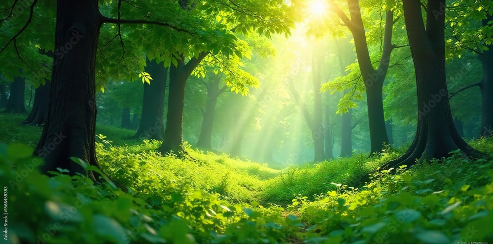 Obraz premium Serene Sunlight Filtering Through Lush Green Forest Perfect for Meditation and Relaxation