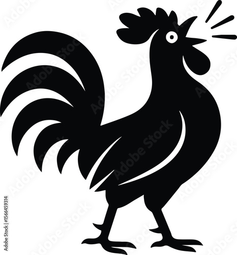 Silhouette rooster crowing black and white farm animal vector illustration