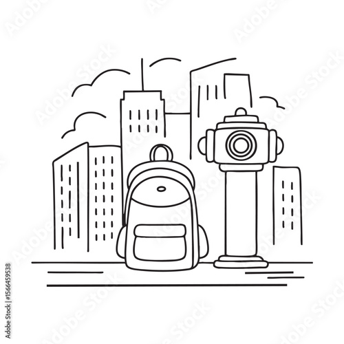 A backpack resting near a hydrant on a city sidewalk