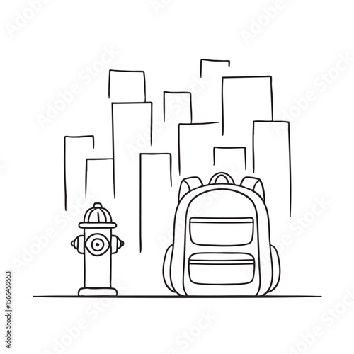 A backpack placed against a red fire hydrant downtown