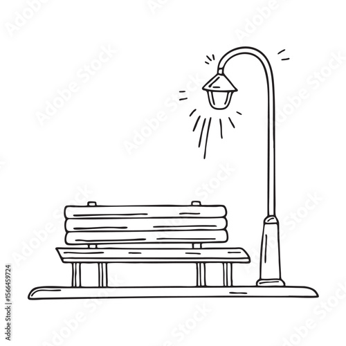 A bench beneath a glowing streetlight in an urban square