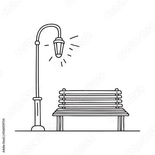 A bench positioned under a streetlamp in the city plaza