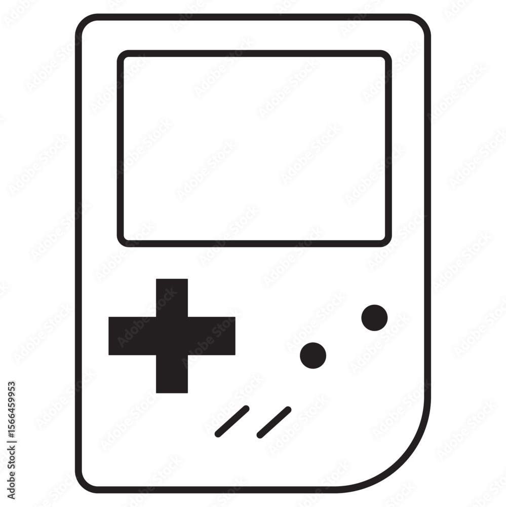 A clean, minimalist line art icon of a classic handheld video game console. The design features a rectangular screen at the top, a large D-pad on the left and two round buttons on the right A clean, minimalist line art icon of a classic handheld video game console. The design features a rectangular screen at the top, a large D-pad on the left and two round buttons on the right