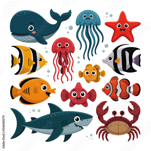 A colorful vector cartoon set of funny sea animals, fish, and marine life from the ocean and underwater world