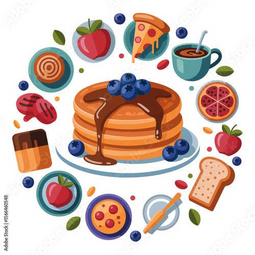 Seamless pattern of cartoon sweets and cakes with dessert icons