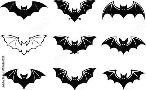 Collection of nine black bat silhouettes in various flying poses and styles