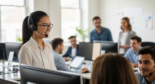 Free Download Businesswoman talking with her team while working at a computer in a modern, bright office. - GFXLoad