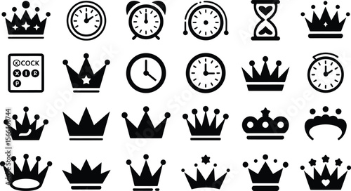 Collection of black and white icons featuring crowns clocks and an hourglass