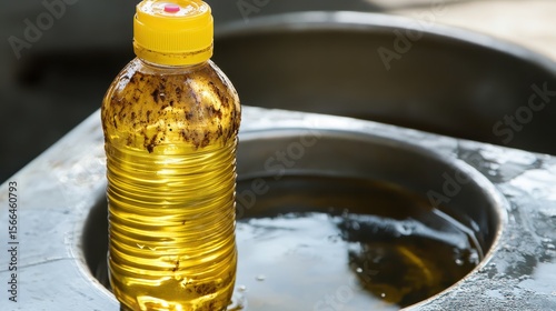 Bottle of Used Cooking Oil Next to Metal Container in Kitchen Setting