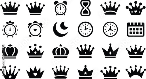 Collection of black crown and time icons on white background