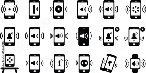 Collection of black smartphone and smartwatch icons with sound and notification symbols