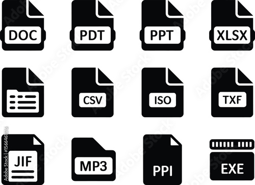 Collection of black and white icons representing various file formats