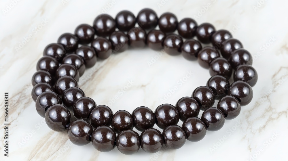 Elegant Round Dark Brown Beads Laid on a Light Marble Surface Elegant Round Dark Brown Beads Laid on a Light Marble Surface
