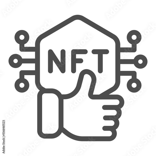 Non fungible token with thumb up hand line icon, NFT multiverse concept. Vector graphics. Token with like button sign on white background, outline style icon for mobile or web design.