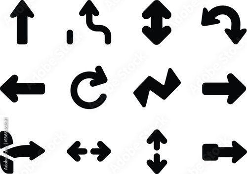 Collection of twelve black arrow icons with different directions and styles on a white background