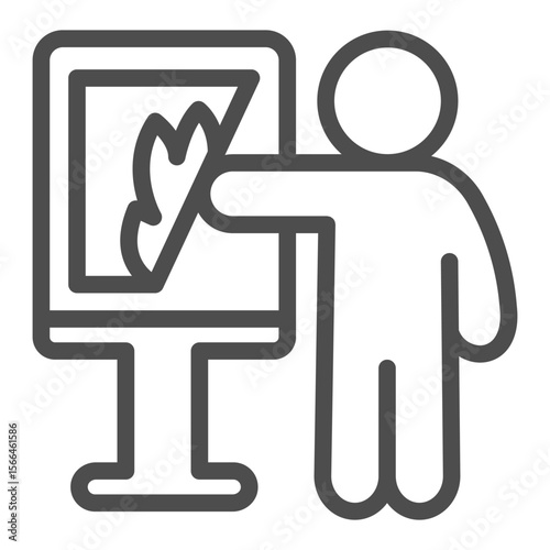 Artist man burning his artwork line icon, NFT concept. Vector graphics. Stand with burning picture and famous person sign on white background, outline style icon for mobile or web design.