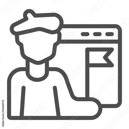 Artist man with flag and website window line icon, NFT multiverse concept. Vector graphics. Famous person public site sign on white background, outline style icon for mobile or web design.