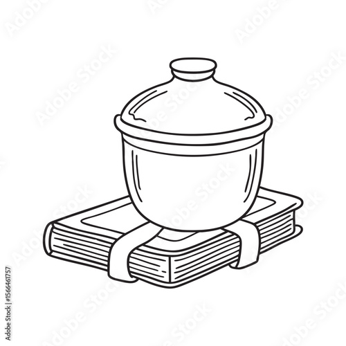 A sealed urn resting by a photo album on a shelf