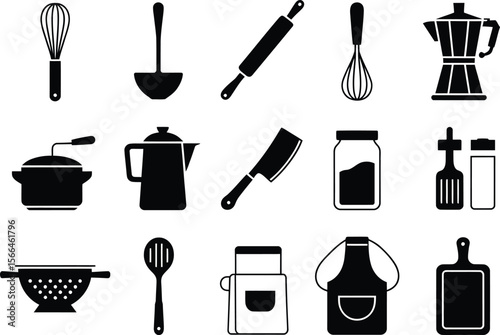 Collection of black and white kitchen utensil icons and cooking equipment silhouettes