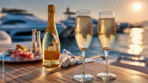Champagne on Yacht: Two elegant champagne glasses are filled and a bottle sits proudly on a yacht's wooden deck, with boats in the background, setting the stage for a luxurious moment