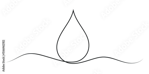Water drop one line art, hand drawn fresh wet dew design drawing continuous contour. Aqua drinkable natural rainy dribble outline, pour moisture symbol.