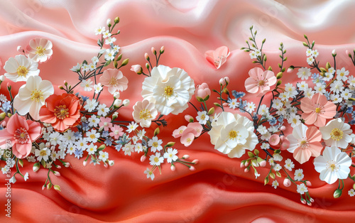 Delicate floral motifs on a soft silk background convey elegance and sophistication