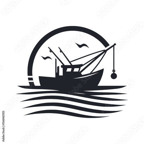 Fishing Boat Silhouette in Sunset Circle - Marine Vector Logo
